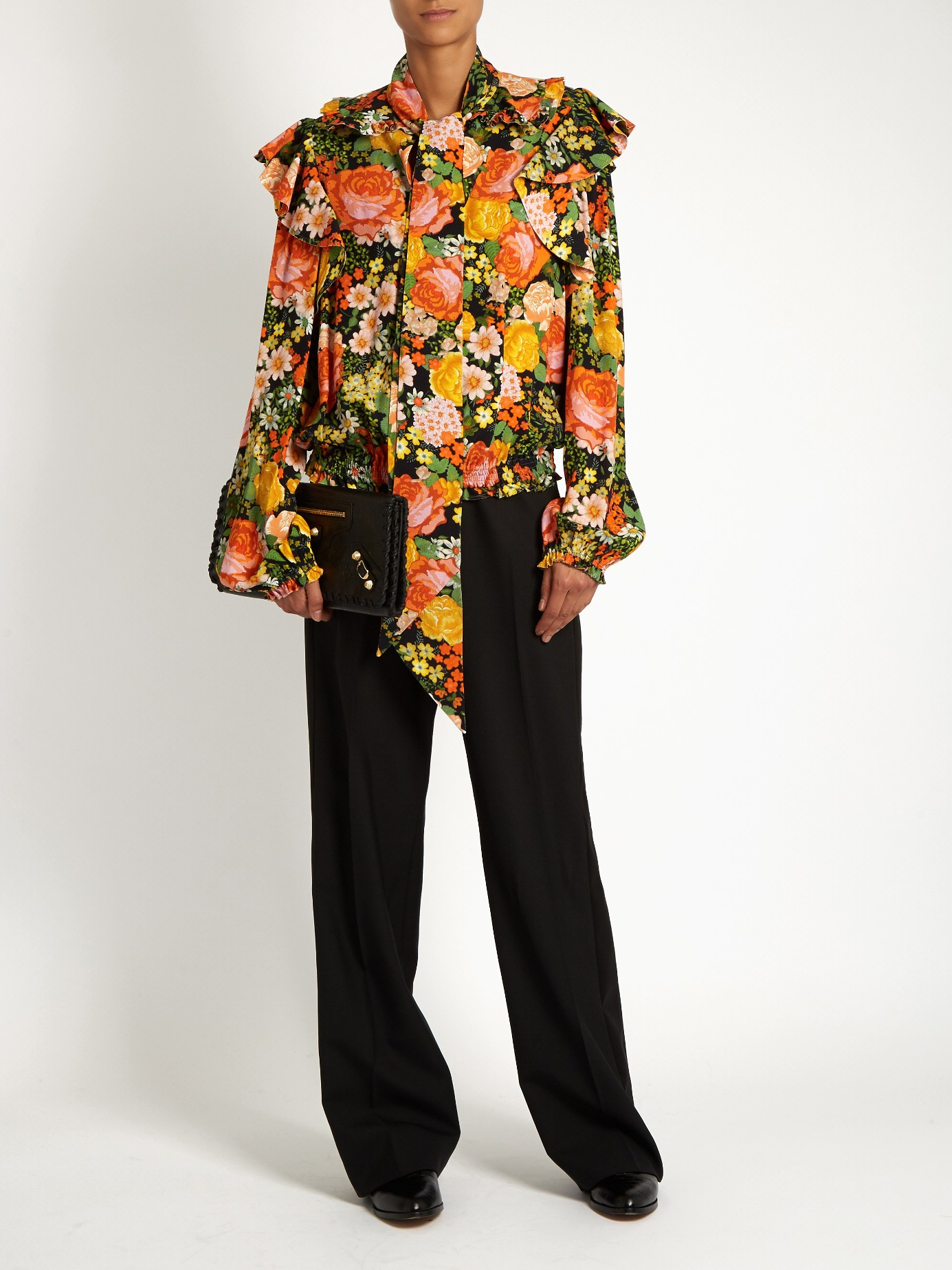 Balenciaga Synthetic Ruffled-shoulder Floral-print Blouse - Lyst